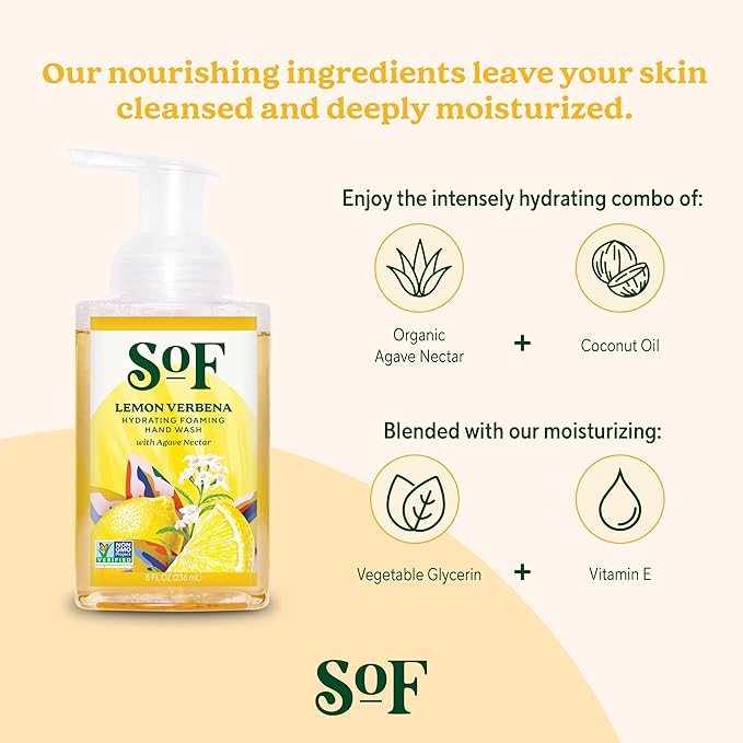 SoF Hydrating Foaming Hand Wash - With Organic Agave Nectar & Coconut Oil- Vegan & Non GMO- Free From Phthalates, Sulfates & Parabens- Lemon Verbena - 8 oz Bottle 3 Pack