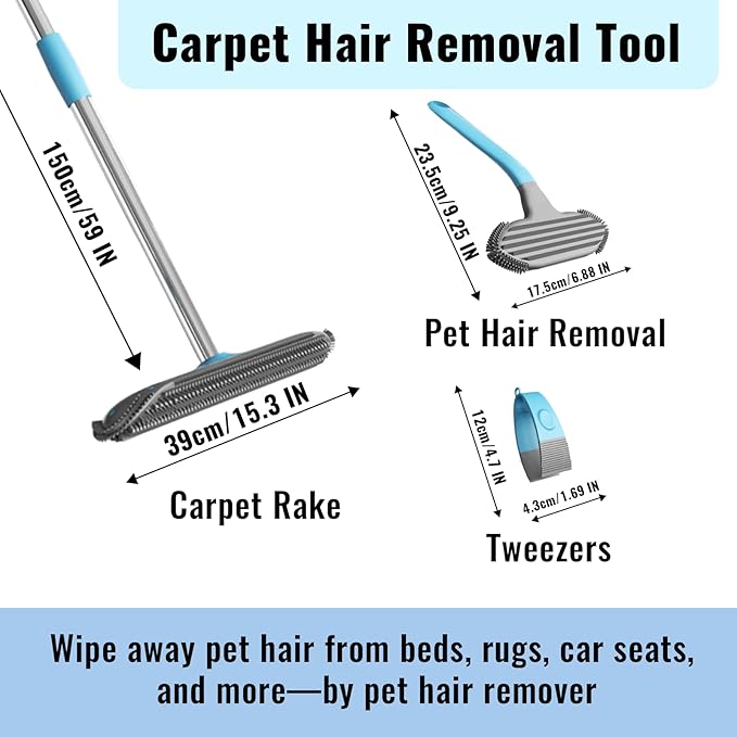 Carpet Rake for Pet Hair Removal Tool, 3 in 1 Carpet Scraper with 59" Adjustable Handle, Silicone Rug Rake for Dog & Cat Hair, Pet Hair Remover for Furniture, Couch, Pet Bed & Car Interior