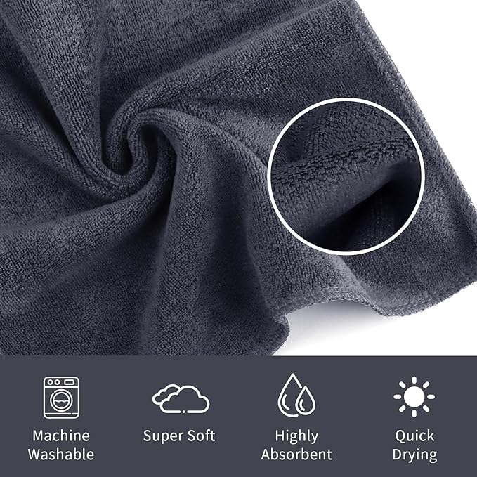 6 Pack Microfiber Wash Cloth, 12x12 Inch Highly Absorbent and Soft Feel Fingertip Towels, Machine Washable Washcloths for Bathroom, Gym, Hotel, Spa and Kitchen, Convenient Hook, Grey