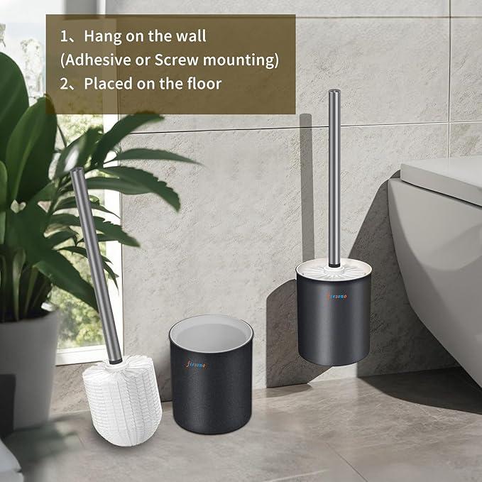 Toilet Brush and Holder Set, Toilet Bowl Brush with Stainless Steel Light Brush Handle, Soft Bristle, Wall Mounted/Floor Standing for Bathroom Space Saving
