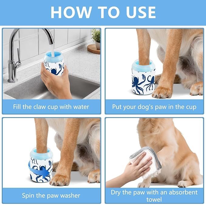 Dog Paw Cleaner Cups for Dogs Pets Foot Washer Paw Scrubber for Medium Small Dogs Cats Cleaning Cup Blue Octopuses Crabs and Seashells