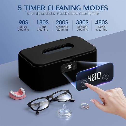 Ultrasonic Jewelry Cleaner, 50Khz Jewelry Cleaner Ultrasonic Machine for Jewelry, Eyeglasses, Rings, Watch Strap, Dentures, 24oz - 304 Stainless Steel Tank, Digital Timer, 5 Cleaning Modes(Black)