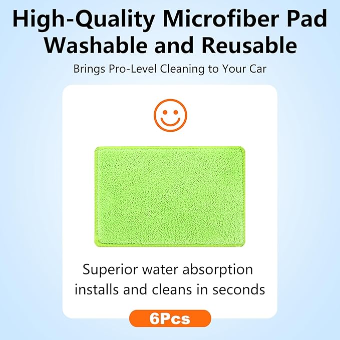 Windshield Cleaner Tool with 6 Reusable Magic Fiber Pads & Spray Bottle, Removable Handle Car Window Wiper Kit for Interior/Exterior Glass, Trucks, SUVs, RV (Dry & Wet Use)