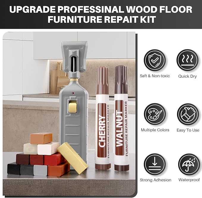 Vinyl Floor Repair Kit with Heat Pen - 11 Colors Laminate Wood Floor Repair Kit Touch Up Marker Hard Wax Linoleum Repair Kit Restore Any Scratches, Stains, Cracks, Hole for Floor, Door, Cabinet