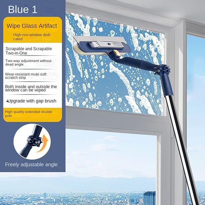 Window Cleaning Tool, Extendable Glass Wiper, Adjustable Length, 2 in 1 Brush for Streak Free Clean, High Reach Scrubber Squeegee, Household Cleaning Needs, Tile Care for Home