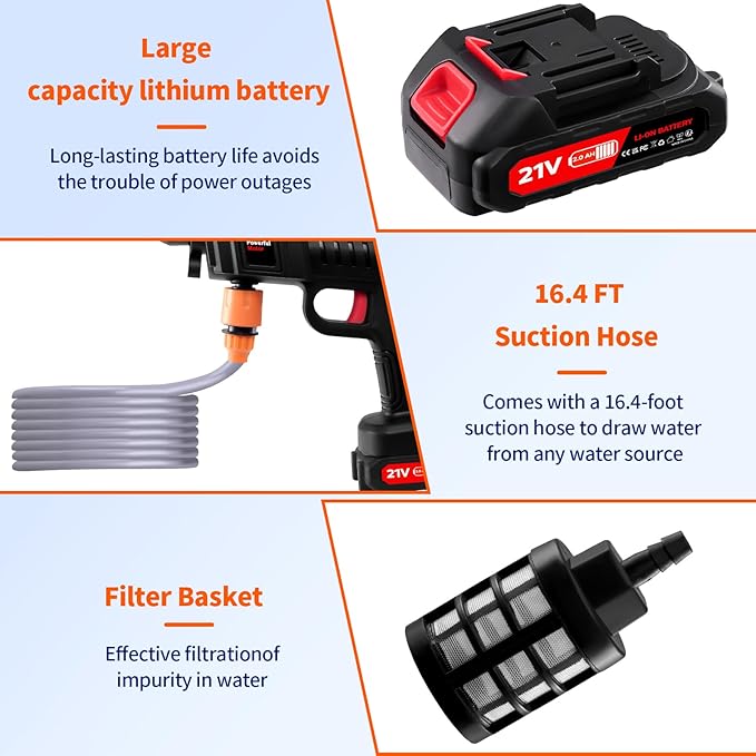 Battery Pressure Washer,1500w Cordless Portable Pressure Washer, 60Bar/870 PSI Portable car Washer with 2 Battery, 2 Nozzles, 5m Hose Cordless Jet Washers, for Cars, Floors, Gardens
