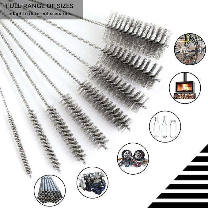 12 Inch Pipe Cleaning Brush Set with Stainless Steel Bristles, Steel Wire Tube Brush Kit for Auto Parts Polishing, Machining, Bottles, Tubes, Etc.（8mm-10pcs）