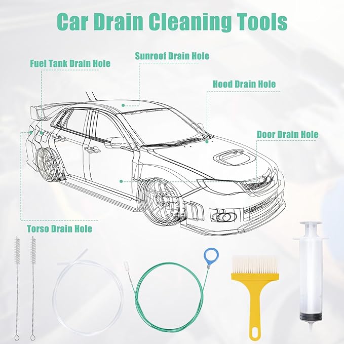 6pcs Car Auto Sunroof Drain Cleaning Tool Kit, Round Handle 5m/196.85in Long Soft Pipe Cleaner Brush Unclogger with Syringe & Hose for Car Wiper Sun Roof Trunk Drains Hole