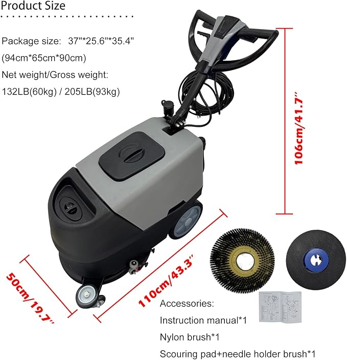 110V Commercial Floor Scrubber Machine - 17" (430mm) Brush, 13.2 Gallons Dual Tanks, 18300 cu.ft/h Cleaning Rate, Commercial Floor Polisher Cleaning Machine for Tile, Marble, Epoxy