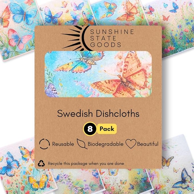 Swedish Dishcloths for Kitchen - Ecofriendly Reusable Paper Towels, Biodegradable Dish Cloths - Cellulose Sponge Dish Cloths for Washing Dishes - 8 Pack (Butterfly)
