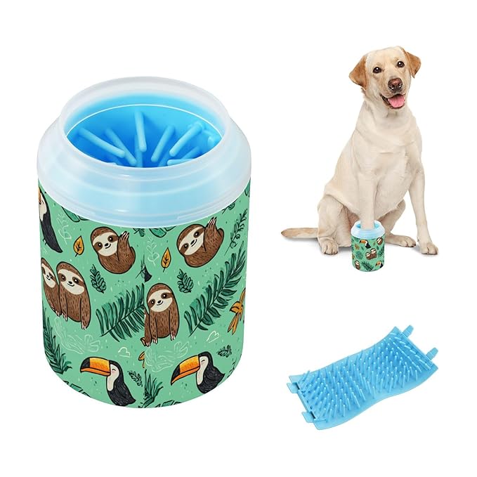 Dog Paw Cleaner Cups for Dogs Pet Foot Washer Paw Scrubber for Medium Small Large Dogs Cats Cleaning Cup Green Sloths Toucans Tropical Leaves