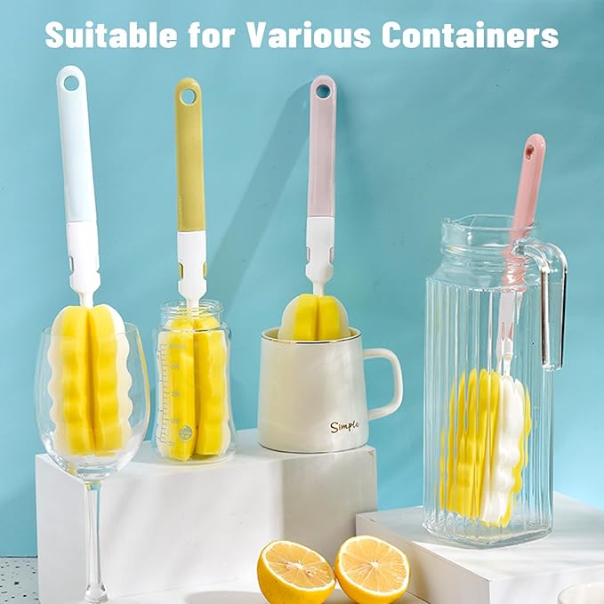 INVODA 4PCS Bottle Brush Long Handle Cup Cleaner Brush Sponge Bottle Scrubber Replaceable Brush Head Portable Bottle Cleaning Brush for Baby Bottle Dishwashing Kitchen Clean Mugs (4PCS+ 4 Brush heads)