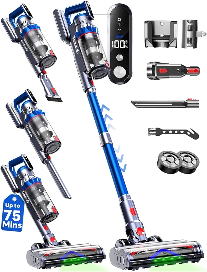 Cordless Vacuum Cleaner, 75Mins/55KPa/650W Self-Standing Stick Vacuum Cleaners for Home, Rechargeable, Lightweight, Cone Filtration&Anti-Tangle, for Hard Floor, Carpet, Hardwoods, Pet Hair