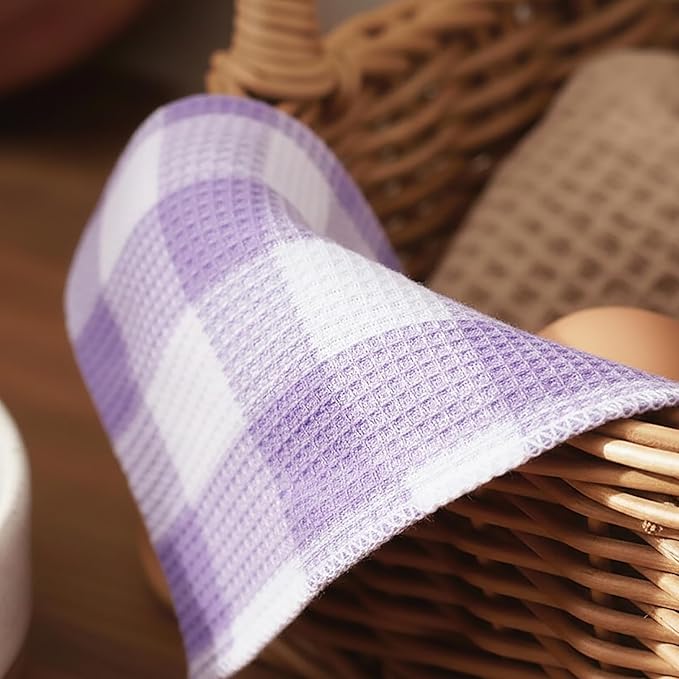 PurpleEssences Waffle Weave Plaid Dish Cloths, 100% Cotton, 12x12 Inch, Soft Absorbent Quick Drying Buffalo Check Dish Rags for Kitchen, 8 Pack, Christmas Holiday Winter - Lavender & White