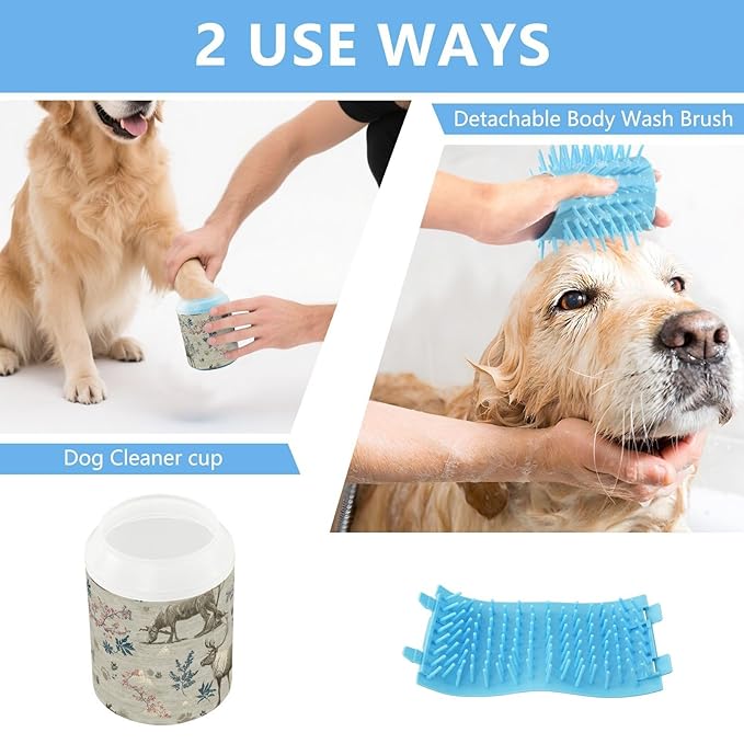 Dog Paw Cleaner Cups for Dogs Pet Foot Washer Paw Scrubber for Medium Small Large Dogs Cats Cleaning Cup Brown Reindeer Pine Trees Flowers
