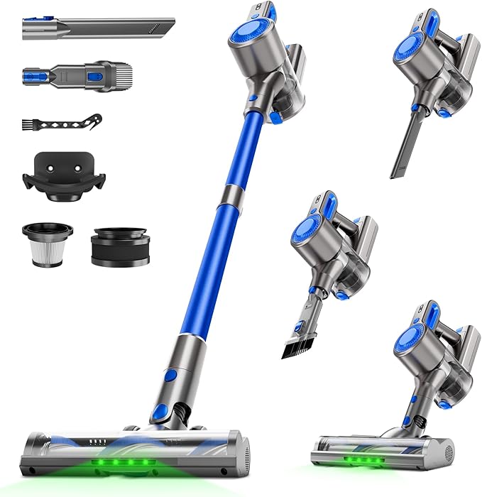 Cordless Vacuum Cleaner for Home, Powerful Stick Vacuum with Rechargeable Battery, Green Light Anti-Tangle Brush, 6-in-1 Lightweight Handheld Vacuum for Pet Hair, Hard Floor, Carpet