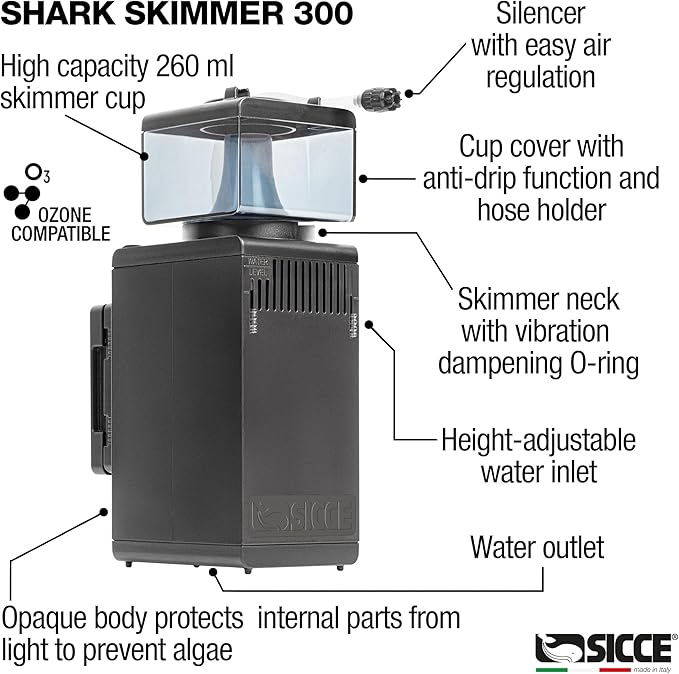 Sicce Shark Nano Protein Skimmer 300 up to 80 Gallon Saltwater Aquariums | Ultra Quiet Pump, Adjustable, Compact, Small Aquarium Marine Reef Tank