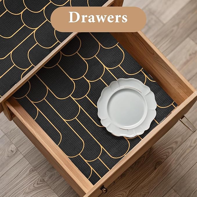 Shelf Liners for Kitchen Cabinets Drawer Liner 12in x 30FT Non Adhesive Black Gold Line Thickened Refrigerator Shelf Liner Paper Strong Easy to Clean for Tool Box with Knife and Tape Measure