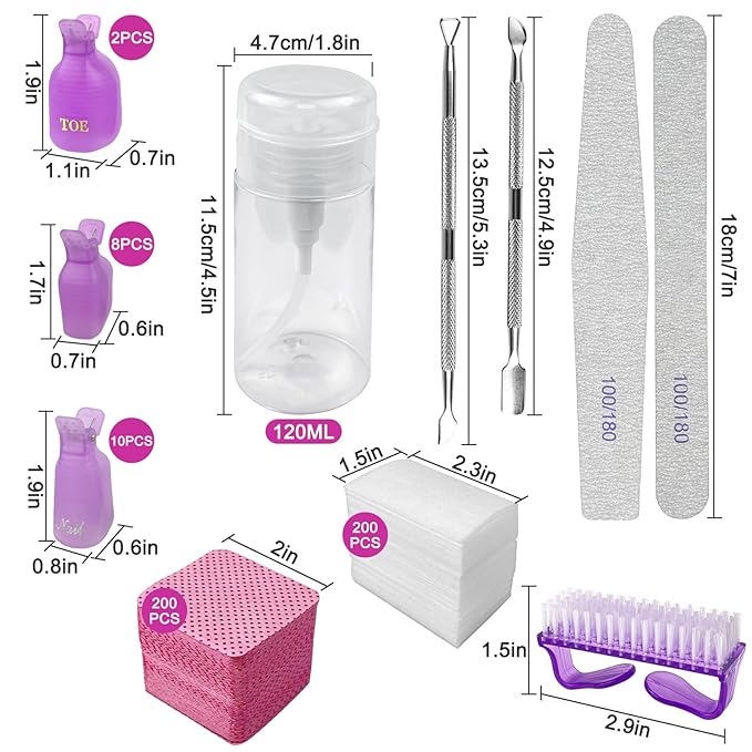 Eyxformula Gel Polish Remover Kit - 10 Toenail Clips, 10 Finger Nail Soak Off Clips, 400 Lint Free Wipes, 2 Nail Files, 120 Ml Push Down Pump Dispenser Bottle, Cuticle Pusher & Peeler, Cleaning Brush