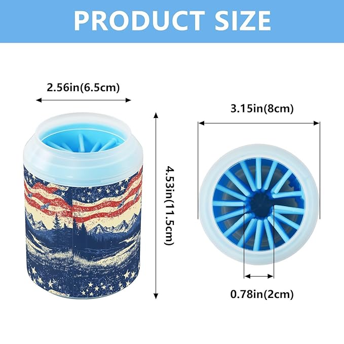 Dog Paw Cleaner Cups for Dogs Pets Foot Washer Paw Scrubber for Medium Small Cats Dogs Cute Cleaning Cup July 4th Flags Mountains Blue