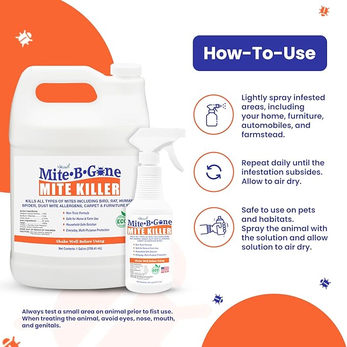 Mite Killer Spray by Mite-B-Gone - 32oz | Plant-Based Treatment for Human, Dust, Chicken, Bird, Carpet & Rat Mites in Homes, Furniture & Bedding | Farm, Family & Pet Safe