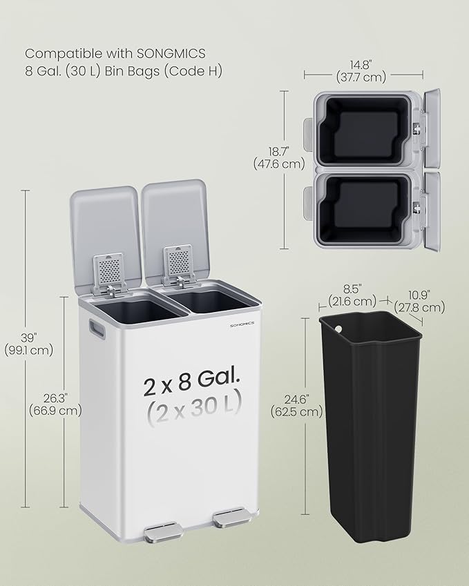 SONGMICS Trash Can, 2 x 8 Gallon (2 x 30 L) Dual-Compartment Garbage Can with Soft-Close Lid, Pedal and Inner Buckets, Stainless Steel, Includes 15 Liner Bags, Matte White ULTB741W01