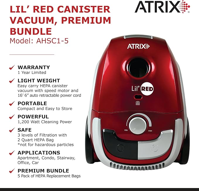 Atrix Red Lil Portable Canister Vacuum Cleaner – Premium Bundle with Extra Filters, Lightweight, 3-Stage HEPA Filtration, 2-Quart Bag, Variable Speed 1200W Motor, 16.5′ Auto-Retract Cord & Tools