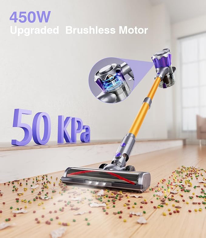 Cordless Vacuum Cleaner, 450W 50Kpa Powerful Stick Vacuum, Up to 70Mins Rechargeable Battery, Vacuum Cleaners for Home Anti-Tangled Lightweight Handheld for Hardwood Floor, Carpets, Pet Hair