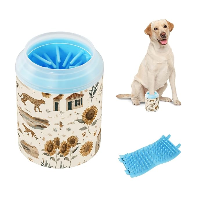 Dog Paw Cleaner Cups for Dogs Pet Foot Washer Paw Scrubber for Medium Small Large Dogs Cats Cleaning Cup Beige Sunflowers Leopards Plants