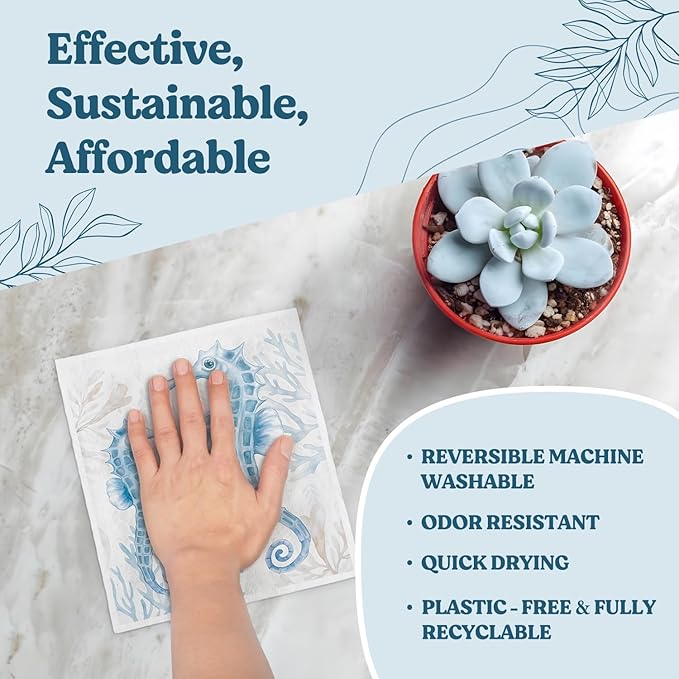 Swedish Dishcloths for Kitchen, Summer Ocean Coastal Beach Decor Kitchen Dish Towels for Washing Dishes, 4 Pack Reusable Paper Towels Washable, Sponge Cloths for Home Cleaning Baking Cooking