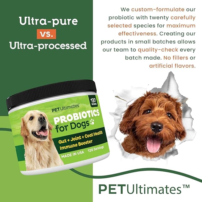 Pet Ultimates Probiotics for Dogs – 22-Species Dog Probiotics for Digestive Support & Antibiotics Recovery – Skin and Coat Supplement, Enhances Vitality – Dog Health Supplies (3 Pack)