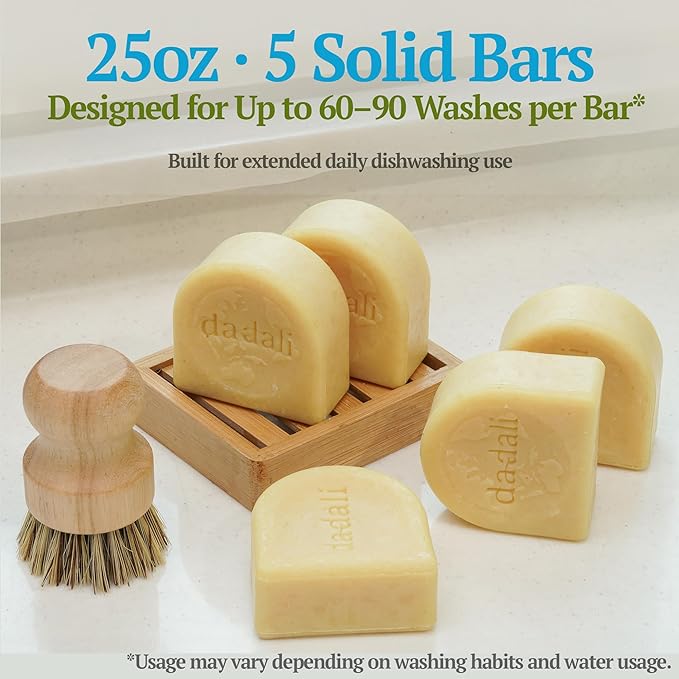 dadali Dish Soap Bar, Non-Toxic Solid Dish Soap | Vegan Plastic-Free Formula, Gentle on Hands, Long-Lasting Value Pack, 5 × 5oz (25oz)