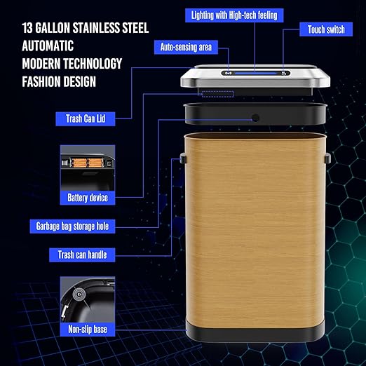 pouseayar Wood Color 13 Gallon 50L Smart Automatic Trash Cans, Stainless-Steel Thickened Body with Super Mute Sensor Lid and 30 Count Garbage Bags for Kitchen Office Bedroom Waste Bin and More