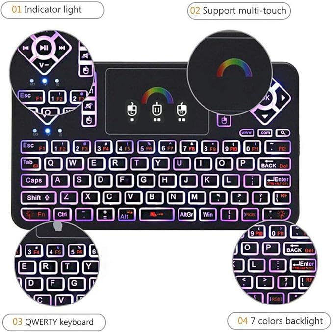 Q9 Mini Wireless Keyboard with Touchpad - Colorful Backlit Small Rechargeable Remote Keyboard for PC, Raspberry Pi 4, Android TV Box, KODI, Windows 7 8 10