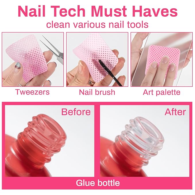 600 Lint Free Nail Wipes - Nail Polish Remover Pads, Glue or Gel Remove, Use with Acetone or Alcohol, Eyelash Brush & Nail Art Brushes Cleaning, Nail Art Supplies, Nail Stuff for Techs, Pink