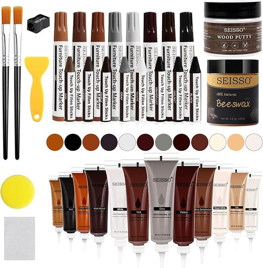 SEISSO Wood Scratch Repair Kit - Set of 36 Wood Filler Putty for Scratches Furniture Markers Touch Up Vinyl Floor Repair Kit - Restore a Finish, Cover Hardwood Scratches, Cracks, Hole, Table, Door