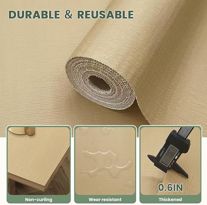 Drawer Liner and Shelf Liner for Kitchen Cabinet Liner Non-Adhesive Non-Slip Shelf Paper, Thick Strong Grip Waterproof Easy to Clean for Shelves, Cupboard, Desks, Khaki, 12 in x 10 FT