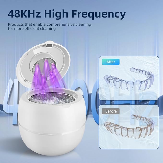 Wireless Ultrasonic Retainer Cleaner Machine 48kHz 210ML Ultrasonic Cleaner, Dental Cleaning Pod with 6 UV Lamps, Digital Timer, 4 Modes, UV Cleaner for Dentures, Aligners, Braces, Jewelry