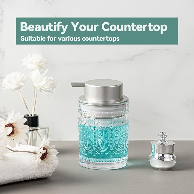 Glass Foam Soap Dispenser, 8 Oz Face Wash Dispenser for Bathroom, Vintage Glass Clear Foaming Hand Soap Dispenser, Small Refillable Lotion Dish Dispenser for Kitchen, Matte Silver Pump
