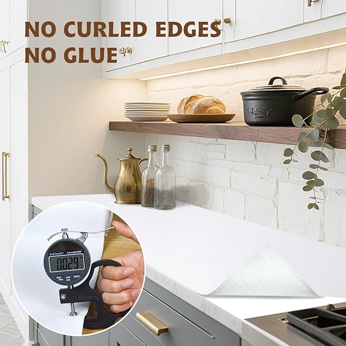 Shelf Liners for Kitchen Cabinets 12in x 10FT, Non Adhesive Drawer Liner Pure White Thickened Shelf Liner Non-Slip Easy to Clean for Tool Box Refrigerator with Knife and Tape Measure