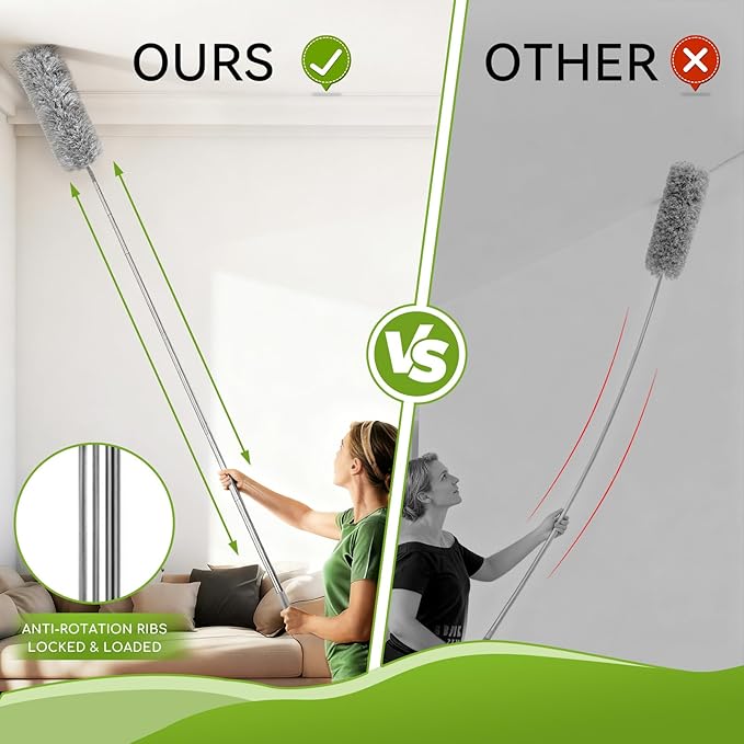 7-in-1 Telescopic Duster Kit with 100-Inch Pole, Microfiber & Cobweb Brush for Ceiling Fans, Blinds, High Cleaning