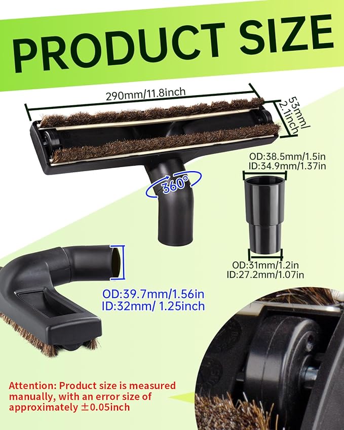 Universal Vacuum Floor Brush Attachments - Vacuum Attachments & Brushes, 12-Inch Swivel Head with 1-1/4”(32mm) Diameter Horse Hair Soft Bristles, 360° Swivel & Wheels for Hard Floors, Tile Cleaning