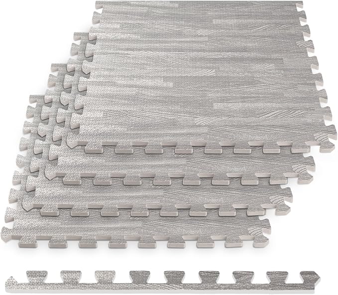 HomeCube USA 3/8 Inch Thick Interlocking Wood Grain Foam Floor Tiles for Home, Office, Workout Equipment Space, Commercial Areas, Anti-Fatigue Flooring Padding 24x24 in., Grey, 32 SQ Ft - 8 Tiles