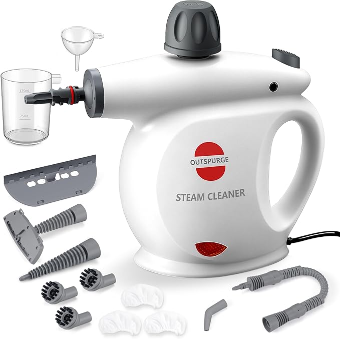 Handheld Steam Cleaner, Pressurized Multi-Surface Steam Shot with 13 Accessories, Safety Lock, Steamer for Cleaning Floor, Upholstery, Grout, Windows, Couch and Car, White