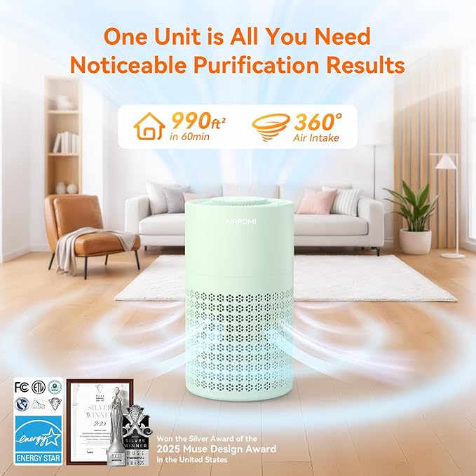 AIRROMI Air Purifier for Bedroom with HEPA 3-in-1 Filter, Pet Air Purifier for Home Cat Pee Smell, Covers Upto 990 Ft², Quiet 360°intake Air Cleaner for pet hair,allergies,Dust,Smoke A2001 Green