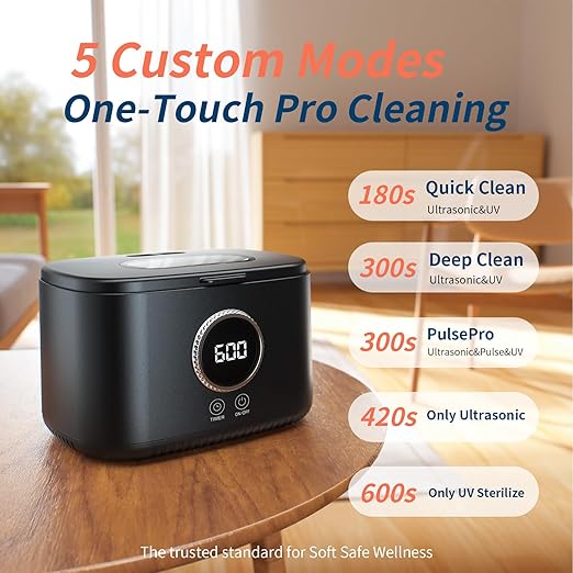 Ultrasonic Jewelry Cleaner, 47kHz Ultrasonic Retainer Cleaner Machine, 600ml Dental Cleaning Pod with 5 Modes, Dual Brush Ports and U-V Lights, Digital Timer for Eyeglasses, Rings, Watch Strap