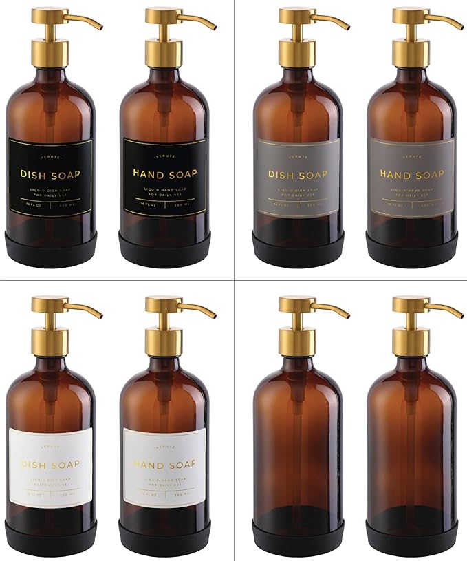 Hand and Dish Soap Dispenser for Kitchen and Bathroom, Set of 2 16 Oz Glass Bottles, Stainless Steel Pumps, Non-Slip Silicone Base, 27 Waterproof Labels (Amber Bottle/Brushed Gold Pump)