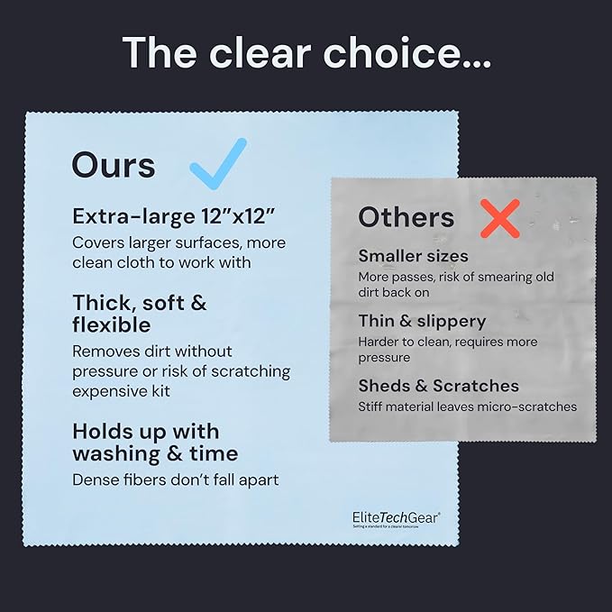 Elite Screens Oversized Microfiber Eye Glass Clean Cloths - 12" x 12", 4-Pack, Black - Streak-Free Lens Wipes - Portable Eye Glasses Cleaner Wipes