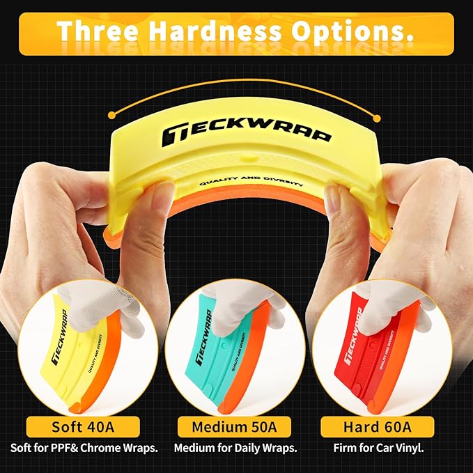 TECKWRAP Felt Squeegee for Vinyl Wrap, Pro Car Wrap Tool Kit with 3 Hardness Levels (Soft/Medium/Hard), Trapezoid Shape, Premium Felt Edge (Yellow 40A / Green 50A / Red 60A)