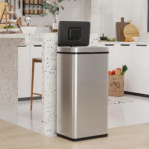 70L / 18.5 Gallon Smart Automatic Trash Can with Deodorizer Compartment, Stainless Steel Body and Mute Sensor Lid for Kitchen Office Living Room and More, Assemble Large Capacity Garbage Can - Silver